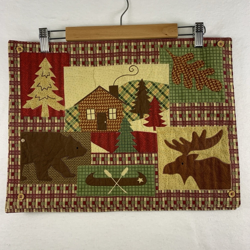 Set of 2 Patchwork Embroidered Placemats Rustic Cabin Cottage Folk‎ Nature